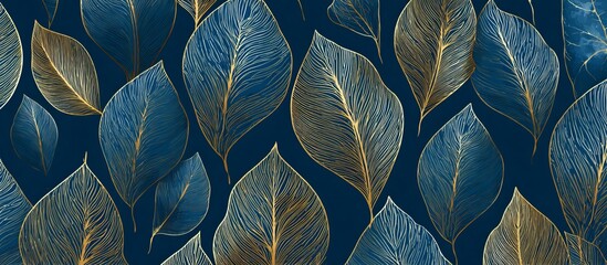 Seamless pattern of abstract golden leaf outlines on deep blue background leaves