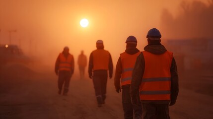 Fototapeta premium Workers in reflective vests walk through dust and fog at sunrise on a construction site