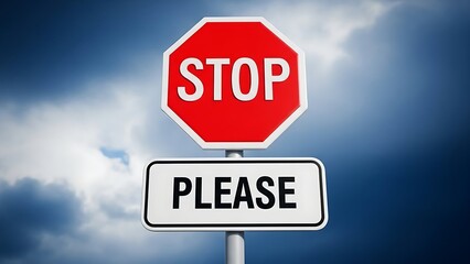 Red stop sign with please text below stands against a cloudy blue sky in a traffic safety instruction