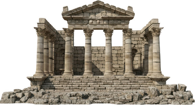 Ancient stone temple ruins with Corinthian columns and weathered architectural details conveying a sense of history and decay architecture classical historic antique monument transparent background