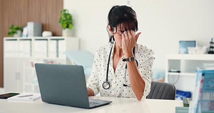 Medical, headache or woman in hospital with laptop, brain fog or schedule mistake on patient report. Healthcare, tech or doctor in agency with migraine, fatigue or appointment error in client record.