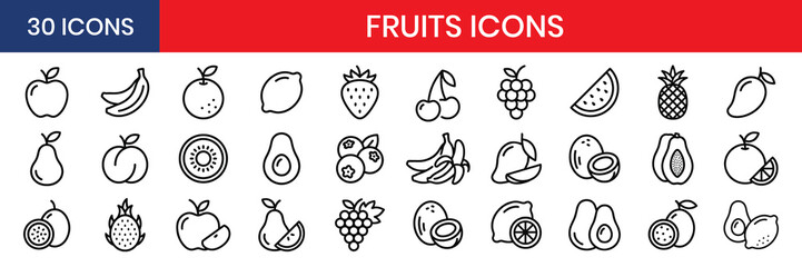 Fruits thin line icon set apple banana orange lemon strawberry cherry © IconNest
