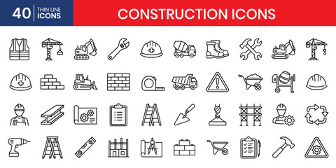 Construction thin line icon set crane excavator bulldozer worker helmet © IconNest