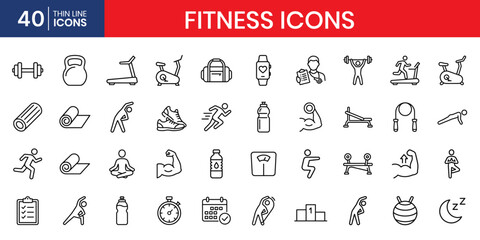 Fitness thin line icon set dumbbell barbell kettlebell © IconNest