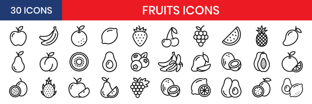 Fruits thin line icon set apple banana orange lemon strawberry cherry