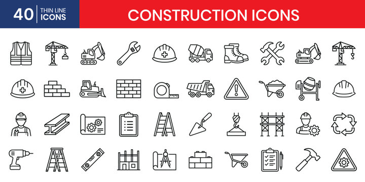 Construction thin line icon set crane excavator bulldozer worker helmet