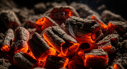 Glowing Charcoal Embers. A close-up shot of burning charcoal briquettes with intense orange glow and subtle wisps of smoke. Perfect for BBQ, grilling, and outdoor cooking themes
