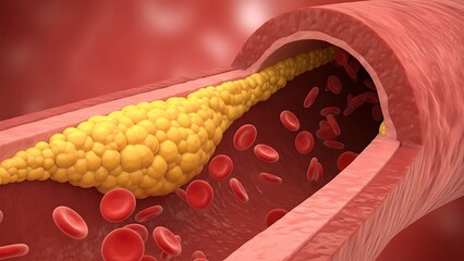 Yellow plaque buildup obstructing blood flow in a red artery illustrating atherosclerosis and cardiovascular health risks