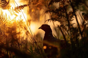 Bird, partially obscured by plants, illuminated by golden light, side profile