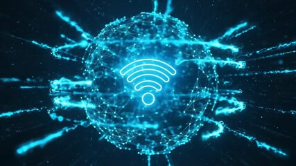 Digital network sphere with wireless signal icon, showcasing dynamic movement and connectivity, camera zooming out to reveal expansive data flow and technology integration - Powered by Adobe
