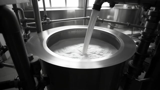 Industrial Dairy Processing with Milk Flowing into Large Metal Vat