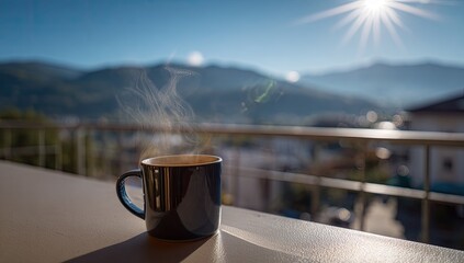 Steaming mug sits outside in the sun, balcony view shows mountains, a bright sky, & residences