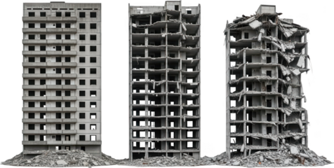 Three concrete apartment buildings showing progressive stages of structural damage and destruction from intact to collapsed ruin urban demolition disaster broken facade architecture transparent