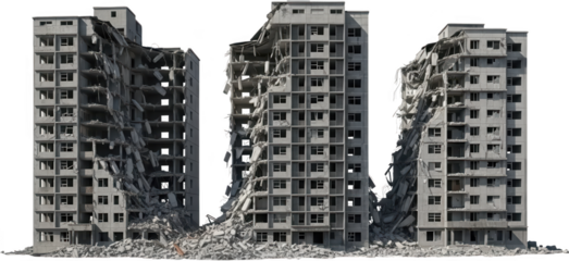 Three multistory concrete apartment buildings heavily damaged with collapsed sections and debris destroyed structure ruin destruction urban architecture construction demolition transparent background