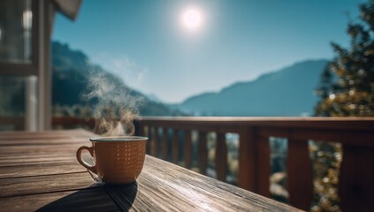 Steaming beverage in a mug on a wooden surface with mountain backdrop and bright sunshine