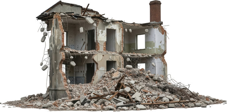Crumbling multi story residential building with exposed brickwork and debris pile showing structural collapse and severe damage from an unspecified event destruction rubble transparent background