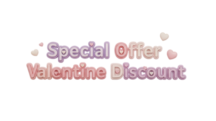 Cute Pastel Pink Purple 3D Text 'Special Offer Valentine Discount' with Small Hearts isolated PNG with Transparent Background