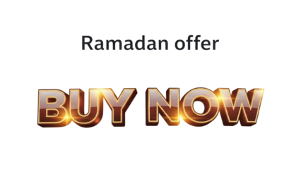 Ramadan Offer Text with Glowing 3D Metallic Gold 'BUY NOW' Call to Action isolated PNG with Transparent Background