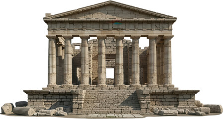 Ancient Greek temple facade with fluted columns and weathered stone steps featuring Doric architectural style and remnants of stone debris architecture classical ruin structure transparent background