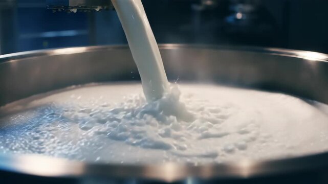 Fresh milk pouring into stainless steel container in dairy factory