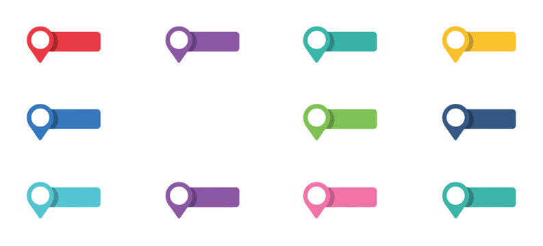 Map vector icon collection including location pins, geolocation markers, and pointer icons with text space, ideal for travel, navigation design, digital maps, urban planning