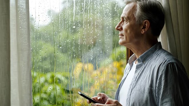 Elderly man looking out rainy window