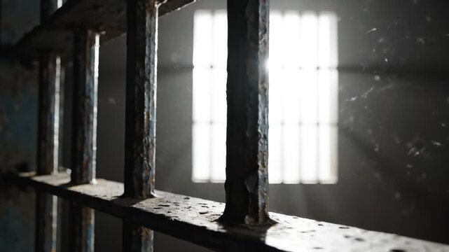 Rusty prison bars with light through window