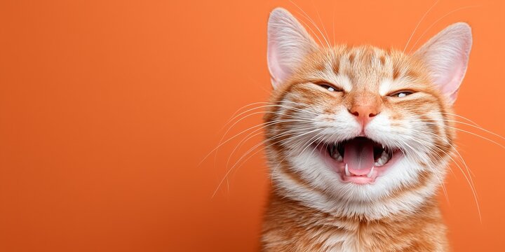 smiling and happy cat on a plain orange background


