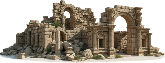 Ancient stone ruins with crumbling walls arched doorways and decorative columns suggesting a historical architectural structure architecture building weathered classical detailed transparent