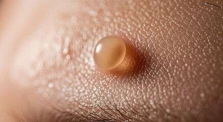 Fototapeta premium Macro shot of a single translucent liquid droplet on human skin. An extreme close-up showing a clear drop of oil, serum, or water on the textured surface of human skin, highlighting pores and moisture
