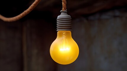 A single glowing yellow incandescent light bulb hangs from a rustic rope against a dark background symbolizing illumination and ideas