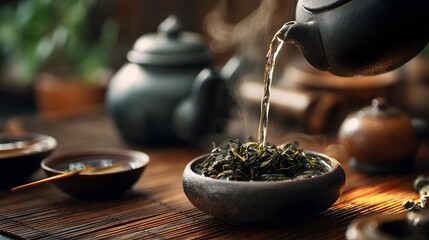 A teapot is pouring tea into a bowl on a table