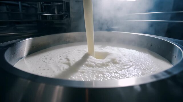 Close-up of milk being poured into large industrial vat in dairy factory