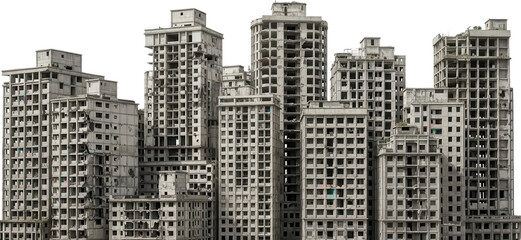 A cluster of stark weathered concrete apartment buildings stands in various states of disrepair and abandonment showcasing empty window frames abandoned buildings urban decay transparent background