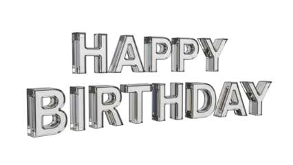 Shiny reflective 3D render of 'HAPPY BIRTHDAY' text with glass effect isolated PNG with Transparent Background