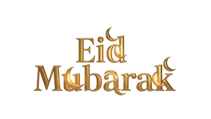 Golden 3D 'Eid Mubarak' Greeting Text with Crescent Moons isolated PNG with Transparent Background