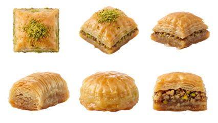 Assorted traditional Turkish Baklava pastries with pistachio and walnut on isolated background