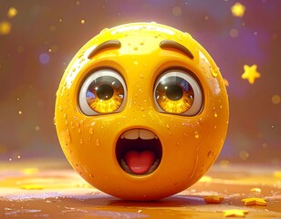 Animated 3D yellow emoji face shows surprise; water droplets cover its surface in this vibrant, surreal digital art