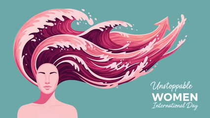 Woman with flowing hair as waves on international women's day celebrating empowerment and freedom
