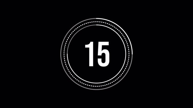 20 Second Countdown Timer Animation 20 to 0 Seconds. Modern Digital Circular Design Real Time Clock on Black Background with Alpha Channel 4k video animation seamless loop