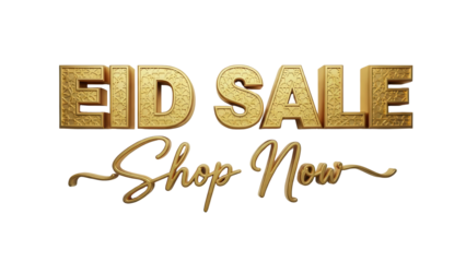 Golden 3D Textured 'EID SALE' Letters and 'Shop Now' Script isolated PNG with Transparent Background