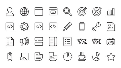 Fototapeta premium Corporate thin line icon set for software interface including world map coding tools target and business report
