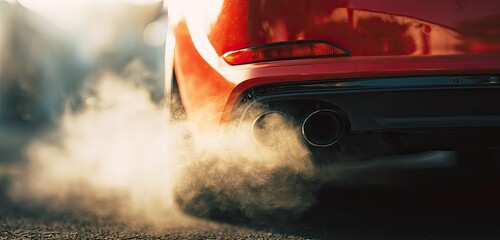 A vibrant red car's rear end with exhaust fumes billowing on the road, emphasizing motion