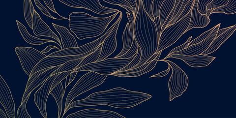 Luxury botanical pattern, elegant gold line leaves background. Modern vector design, nature tropical foliage, organic texture, wallpaper, premium decorative print.