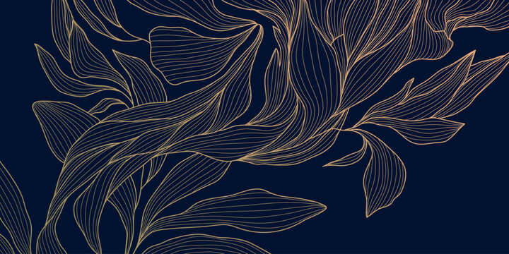Luxury botanical pattern, elegant gold line leaves background. Modern vector design, nature tropical foliage, organic texture, wallpaper, premium decorative print.
