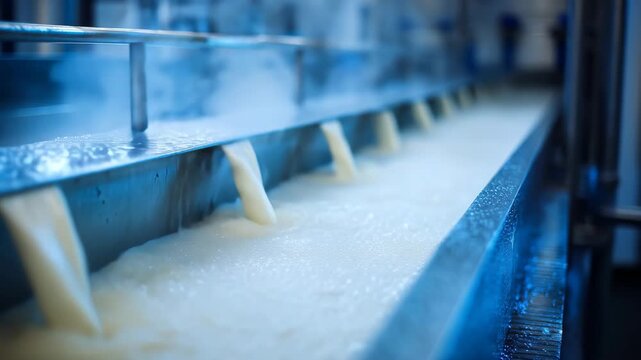 Industrial cheese production process in modern dairy factory