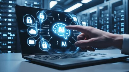 AI technology on laptop in server room - Powered by Adobe