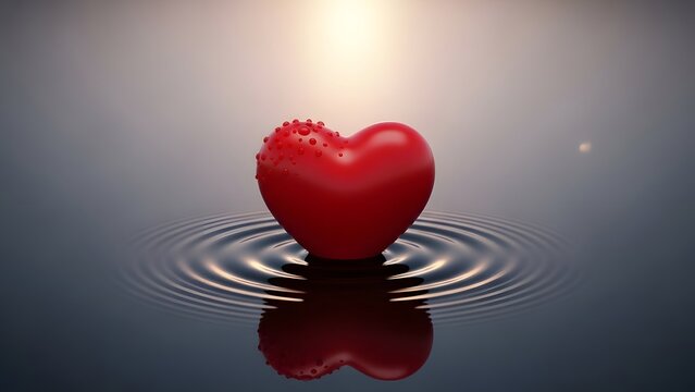 Red heart floating over dark water with circular ripples and light reflection. Emotional wellness and inner peace. Conceptual art of love and calm on a minimalist water surface