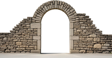 A rustic stone archway entrance forms a natural passage through a weathered wall displaying rough textures and aged construction textured ancient old historical architectural transparent background