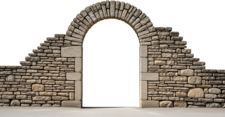 A rustic stone archway entrance forms a natural passage through a weathered wall displaying rough textures and aged construction textured ancient old historical architectural transparent background